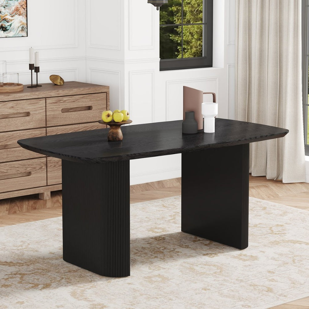 English Elm Mdf Black Wood Grain Dining Table Seats Six with Rounded Corners for Modern Homes W1151S04147