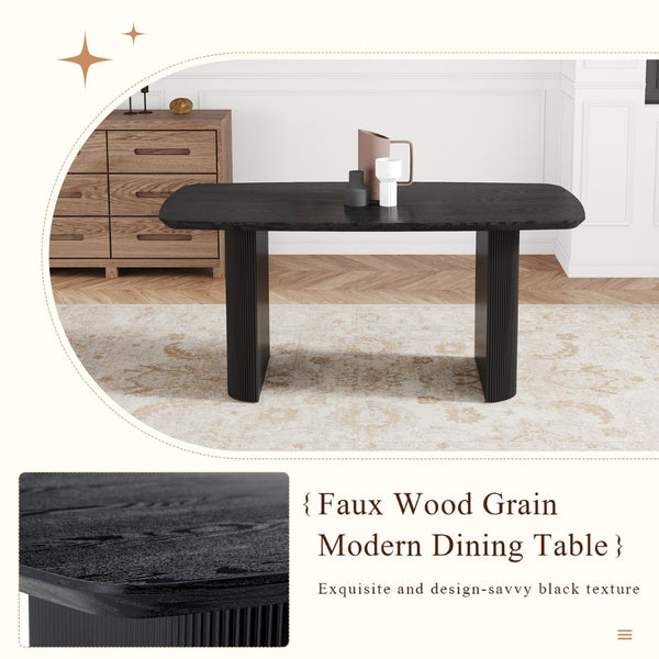 English Elm Mdf Black Wood Grain Dining Table Seats Six with Rounded Corners for Modern Homes W1151S04147