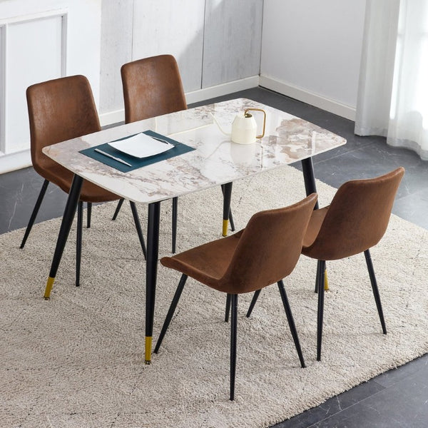 English Elm Table and Chair Set Sintered Stone Marble Top with Four Brown Fabric Dining Chairs W1151S04204