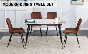 English Elm Table and Chair Set Sintered Stone Marble Top with Four Brown Fabric Dining Chairs W1151S04204
