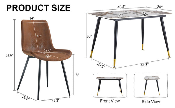English Elm Table and Chair Set Sintered Stone Marble Top with Four Brown Fabric Dining Chairs W1151S04204