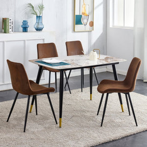 English Elm Table and Chair Set Sintered Stone Marble Top with Four Brown Fabric Dining Chairs W1151S04204