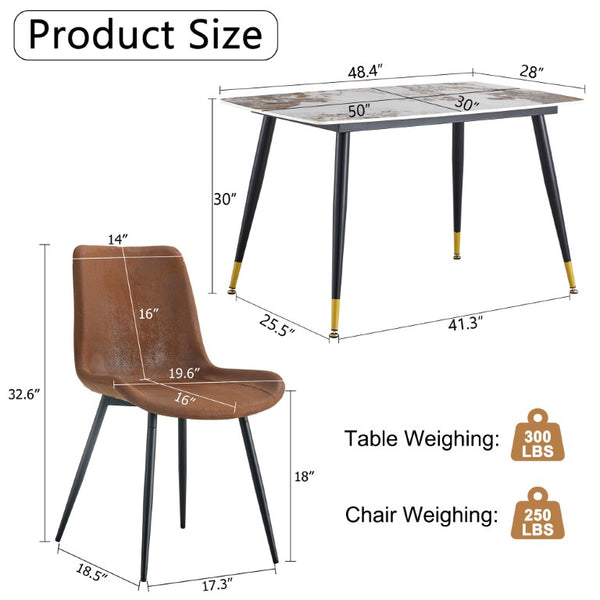 English Elm Table and Chair Set Sintered Stone Marble Top with Four Brown Fabric Dining Chairs W1151S04204