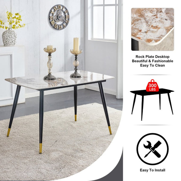 English Elm Table and Chair Set Sintered Stone Marble Top with Four Brown Fabric Dining Chairs W1151S04204