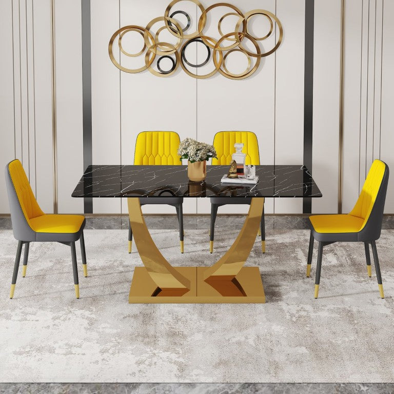 English Elm Table and Chair Set Glam Five Piece Dining with Marble Glass Top Gold Legs PU Seats W1151S04230