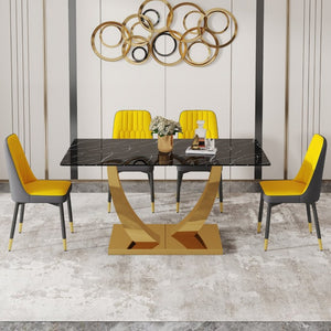 English Elm Table and Chair Set Glam Five Piece Dining with Marble Glass Top Gold Legs PU Seats W1151S04230