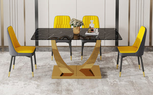 English Elm Table and Chair Set Glam Five Piece Dining with Marble Glass Top Gold Legs PU Seats W1151S04230