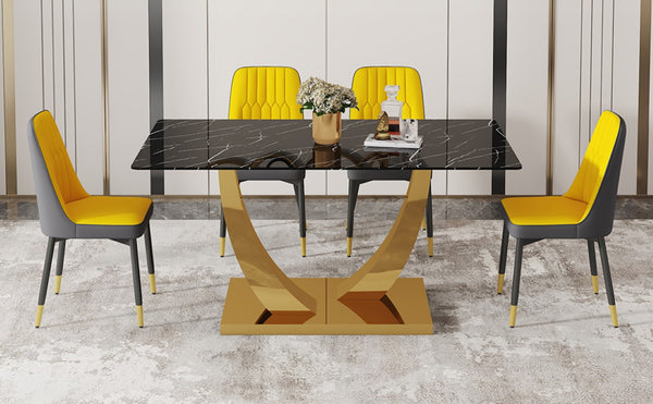 English Elm Table and Chair Set Glam Five Piece Dining with Marble Glass Top Gold Legs PU Seats W1151S04230