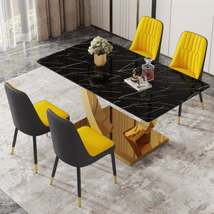 English Elm Table and Chair Set Glam Five Piece Dining with Marble Glass Top Gold Legs PU Seats W1151S04230