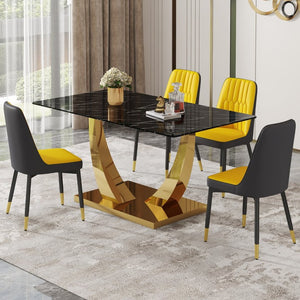 English Elm Table and Chair Set Glam Five Piece Dining with Marble Glass Top Gold Legs PU Seats W1151S04230