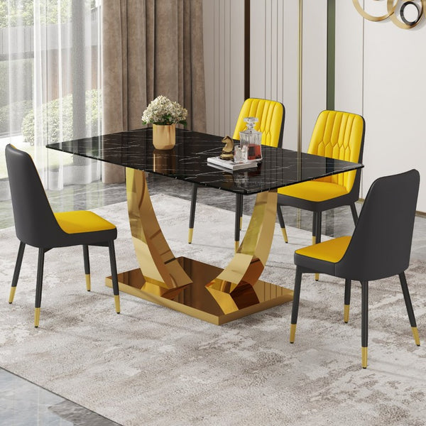 English Elm Table and Chair Set Glam Five Piece Dining with Marble Glass Top Gold Legs PU Seats W1151S04230