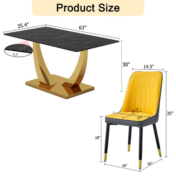 English Elm Table and Chair Set Glam Five Piece Dining with Marble Glass Top Gold Legs PU Seats W1151S04230