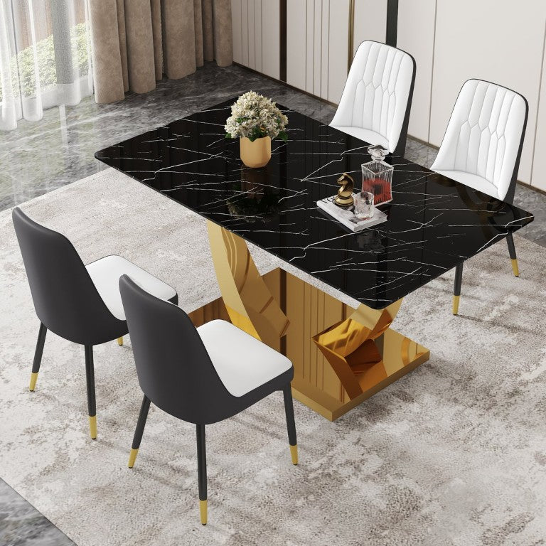 English Elm Table and Chair Set Marble Glass Top Gold Leg Modern Dining for Four W1151S04232