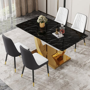 English Elm Table and Chair Set Marble Glass Top Gold Leg Modern Dining for Four W1151S04232