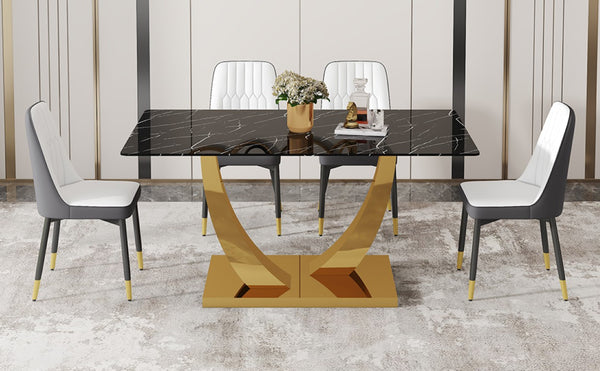 English Elm Table and Chair Set Marble Glass Top Gold Leg Modern Dining for Four W1151S04232