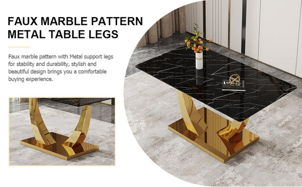 English Elm Table and Chair Set Marble Glass Top Gold Leg Modern Dining for Four W1151S04232