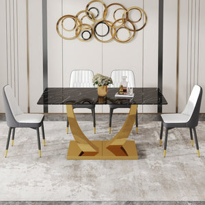 English Elm Table and Chair Set Marble Glass Top Gold Leg Modern Dining for Four W1151S04232