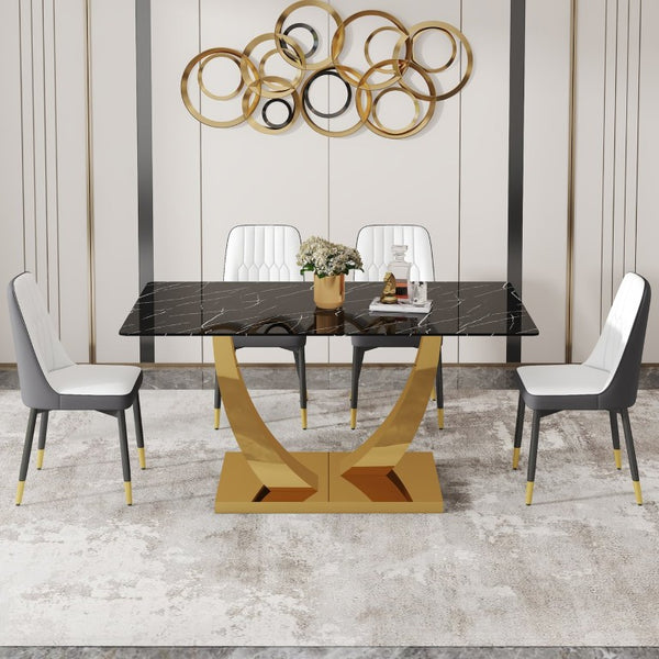English Elm Table and Chair Set Marble Glass Top Gold Leg Modern Dining for Four W1151S04232