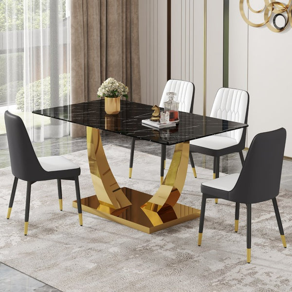 English Elm Table and Chair Set Marble Glass Top Gold Leg Modern Dining for Four W1151S04232