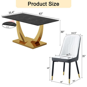 English Elm Table and Chair Set Marble Glass Top Gold Leg Modern Dining for Four W1151S04232