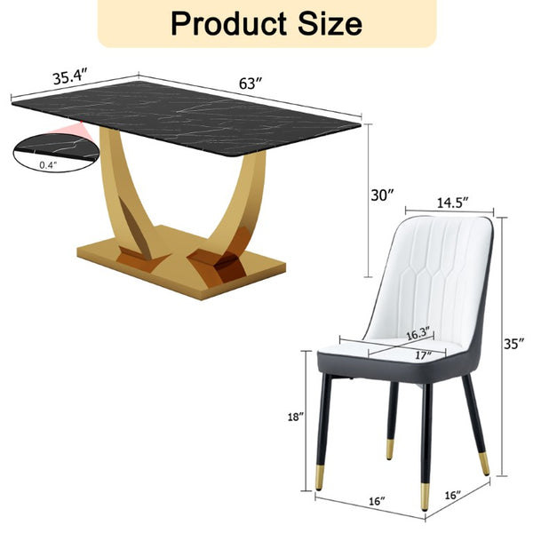 English Elm Table and Chair Set Marble Glass Top Gold Leg Modern Dining for Four W1151S04232