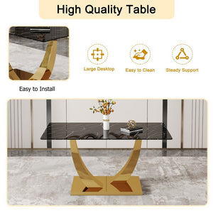 English Elm Table and Chair Set Marble Glass Top Gold Leg Modern Dining for Four W1151S04232