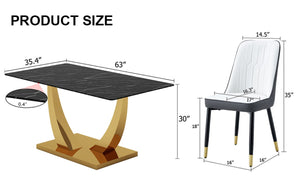 English Elm Table and Chair Set Marble Glass Top Gold Leg Modern Dining for Four W1151S04232