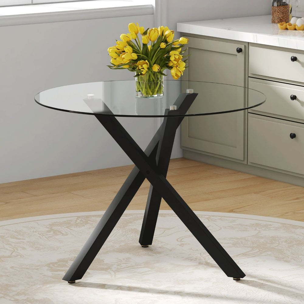 English Elm Round Tempered Glass Dining Table with X-base Metal Frame for Small Space Interiors W1151S04237