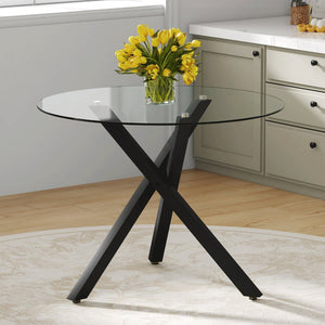 English Elm Round Tempered Glass Dining Table with X-base Metal Frame for Small Space Interiors W1151S04237