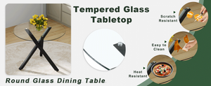 English Elm Round Tempered Glass Dining Table with X-base Metal Frame for Small Space Interiors W1151S04237