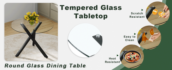 English Elm Round Tempered Glass Dining Table with X-base Metal Frame for Small Space Interiors W1151S04237