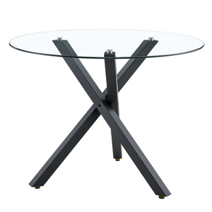 English Elm Round Tempered Glass Dining Table with X-base Metal Frame for Small Space Interiors W1151S04237
