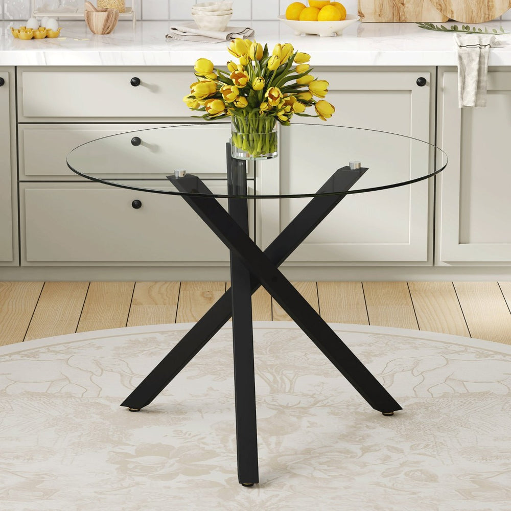 English Elm Round Tempered Glass Dining Table with X-base Metal Frame for Small Space Interiors W1151S04237