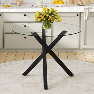English Elm Round Tempered Glass Dining Table with X-base Metal Frame for Small Space Interiors W1151S04237