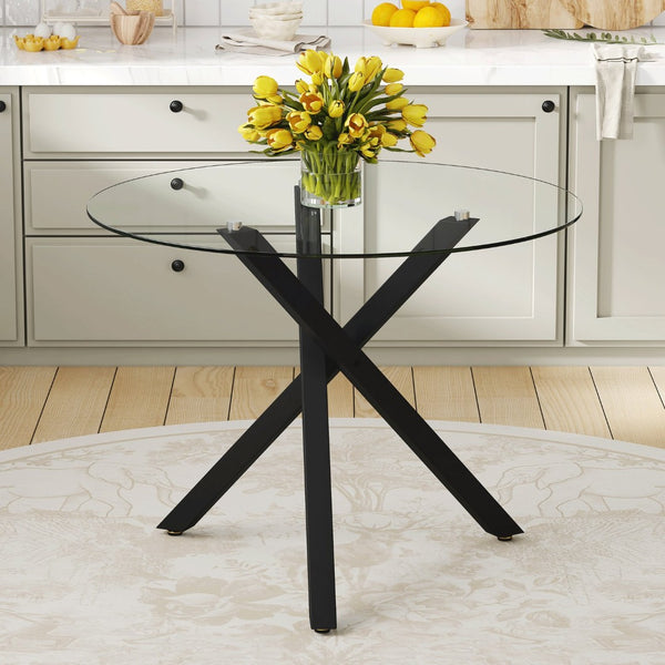 English Elm Round Tempered Glass Dining Table with X-base Metal Frame for Small Space Interiors W1151S04237