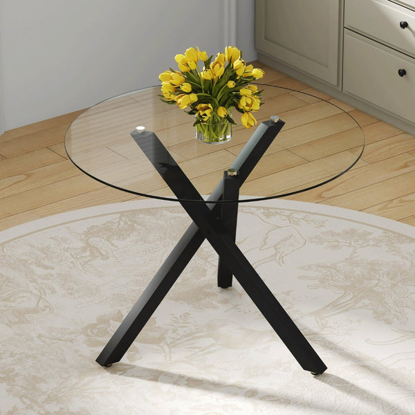 English Elm Round Tempered Glass Dining Table with X-base Metal Frame for Small Space Interiors W1151S04237