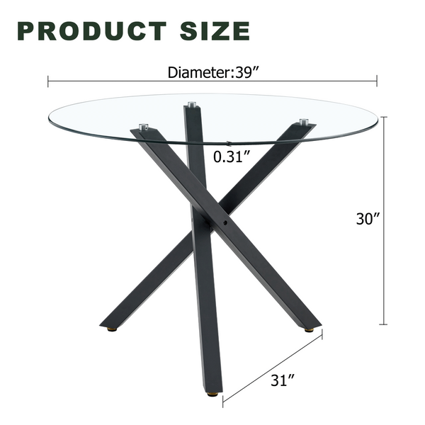 English Elm Round Tempered Glass Dining Table with X-base Metal Frame for Small Space Interiors W1151S04237