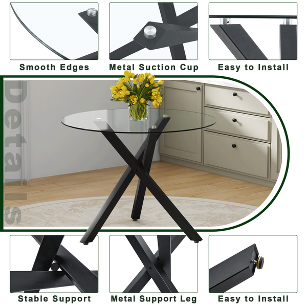 English Elm Round Tempered Glass Dining Table with X-base Metal Frame for Small Space Interiors W1151S04237