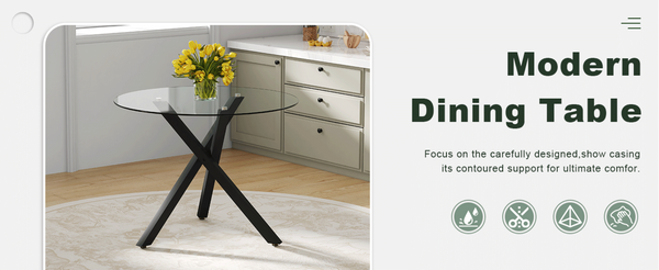 English Elm Round Tempered Glass Dining Table with X-base Metal Frame for Small Space Interiors W1151S04237