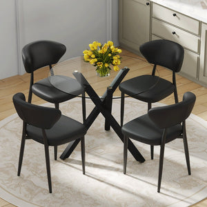 English Elm Table and Chair Set Round Tempered Glass Top X Base with Four Pu Dining Seats Black W1151S04240