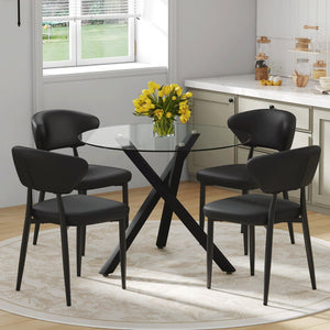 English Elm Table and Chair Set Round Tempered Glass Top X Base with Four Pu Dining Seats Black W1151S04240
