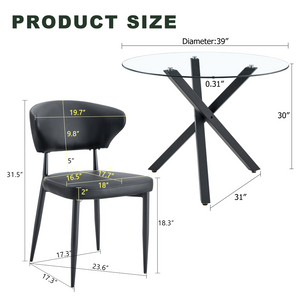 English Elm Table and Chair Set Round Tempered Glass Top X Base with Four Pu Dining Seats Black W1151S04240