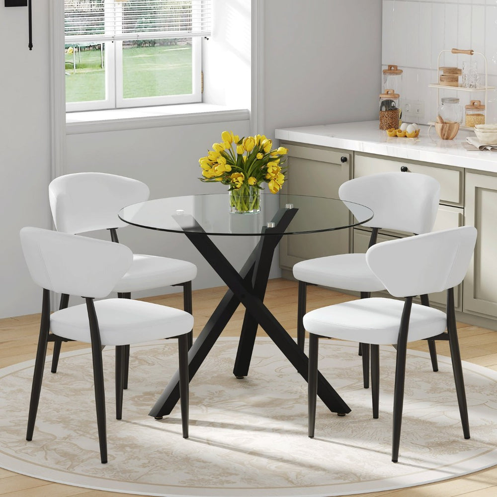English Elm Table and Chair Set Round Tempered Glass Top X Base with Four Pu Dining Seats White W1151S04241