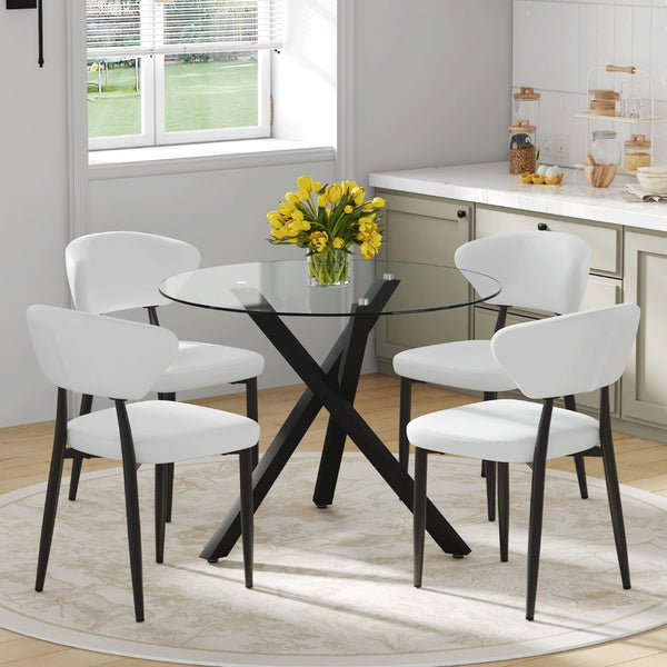English Elm Table and Chair Set Round Tempered Glass Top X Base with Four Pu Dining Seats White W1151S04241