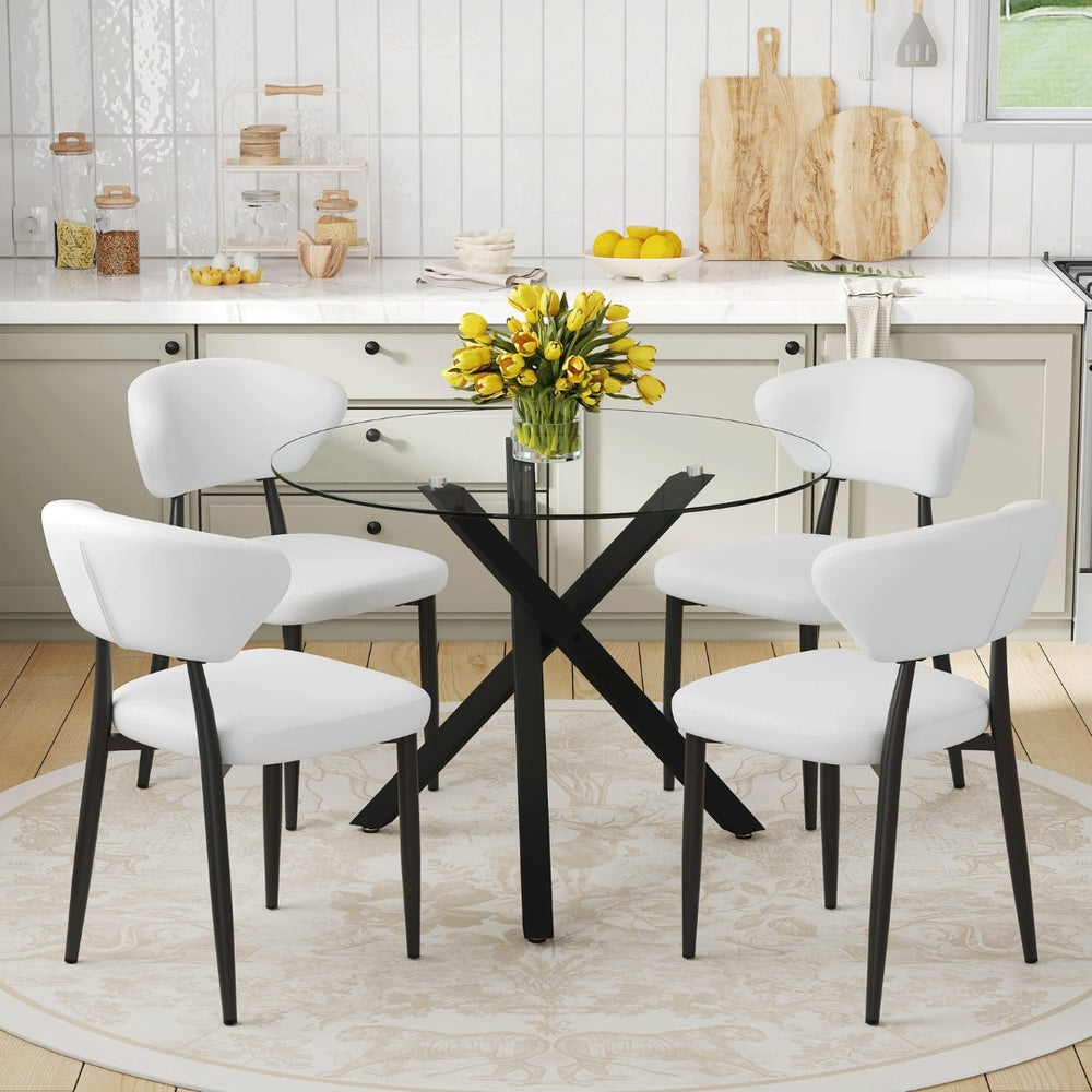 English Elm Table and Chair Set Round Tempered Glass Top X Base with Four Pu Dining Seats White W1151S04241
