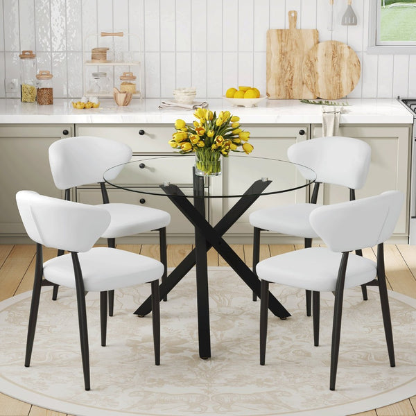 English Elm Table and Chair Set Round Tempered Glass Top X Base with Four Pu Dining Seats White W1151S04241