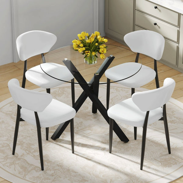 English Elm Table and Chair Set Round Tempered Glass Top X Base with Four Pu Dining Seats White W1151S04241
