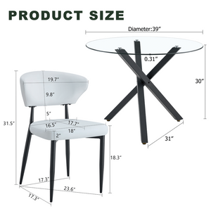 English Elm Table and Chair Set Round Tempered Glass Top X Base with Four Pu Dining Seats White W1151S04241