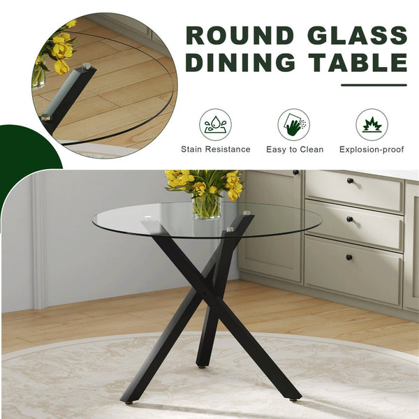 English Elm Table and Chair Set Round Tempered Glass Top X Base with Four Pu Dining Seats White W1151S04241
