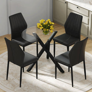 English Elm Table and Chair Set Round Tempered Glass Top X Base with Four Ergonomic Pu Seats Black, Transparent W1151S04242
